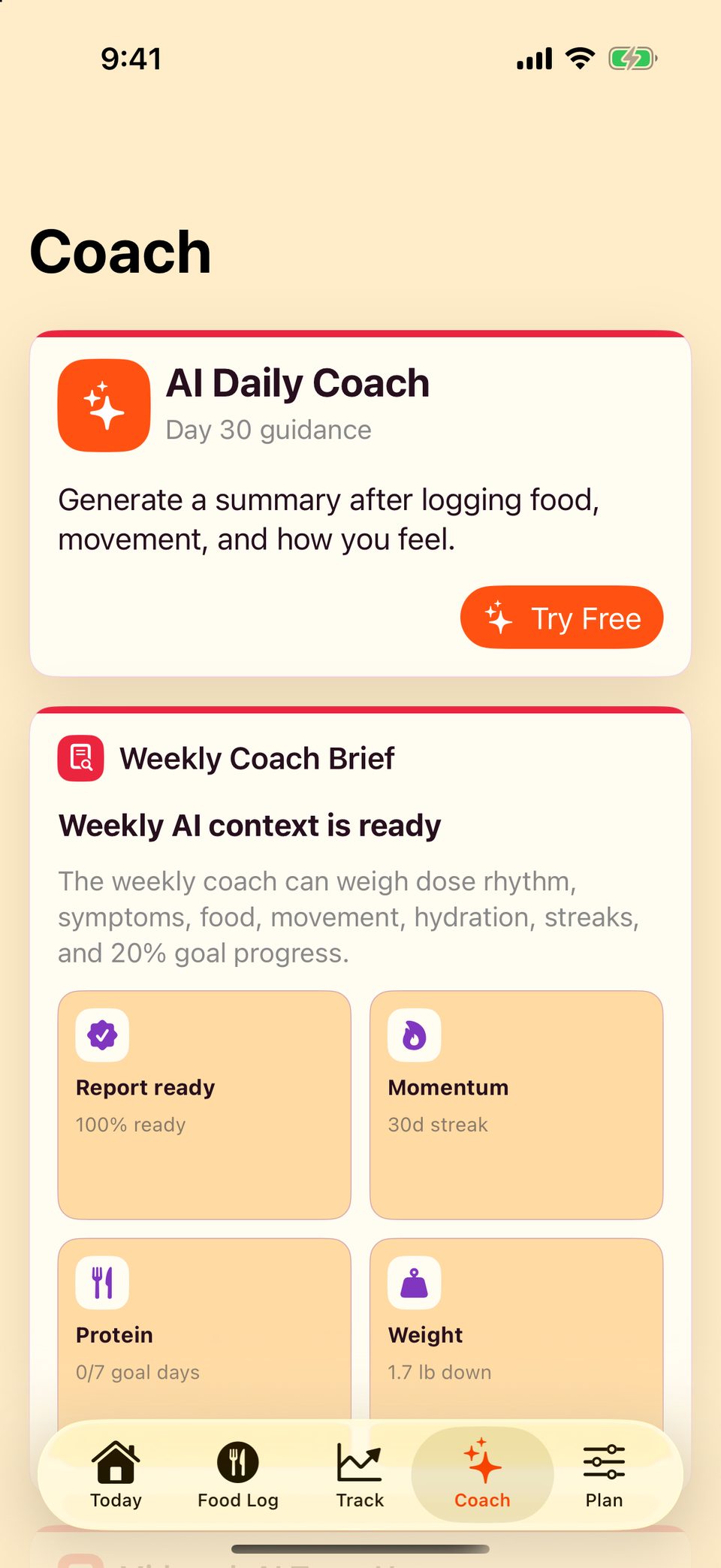 GLP 100 Coach screen showing a weekly coach brief with momentum streak, protein goal days, and weight tiles