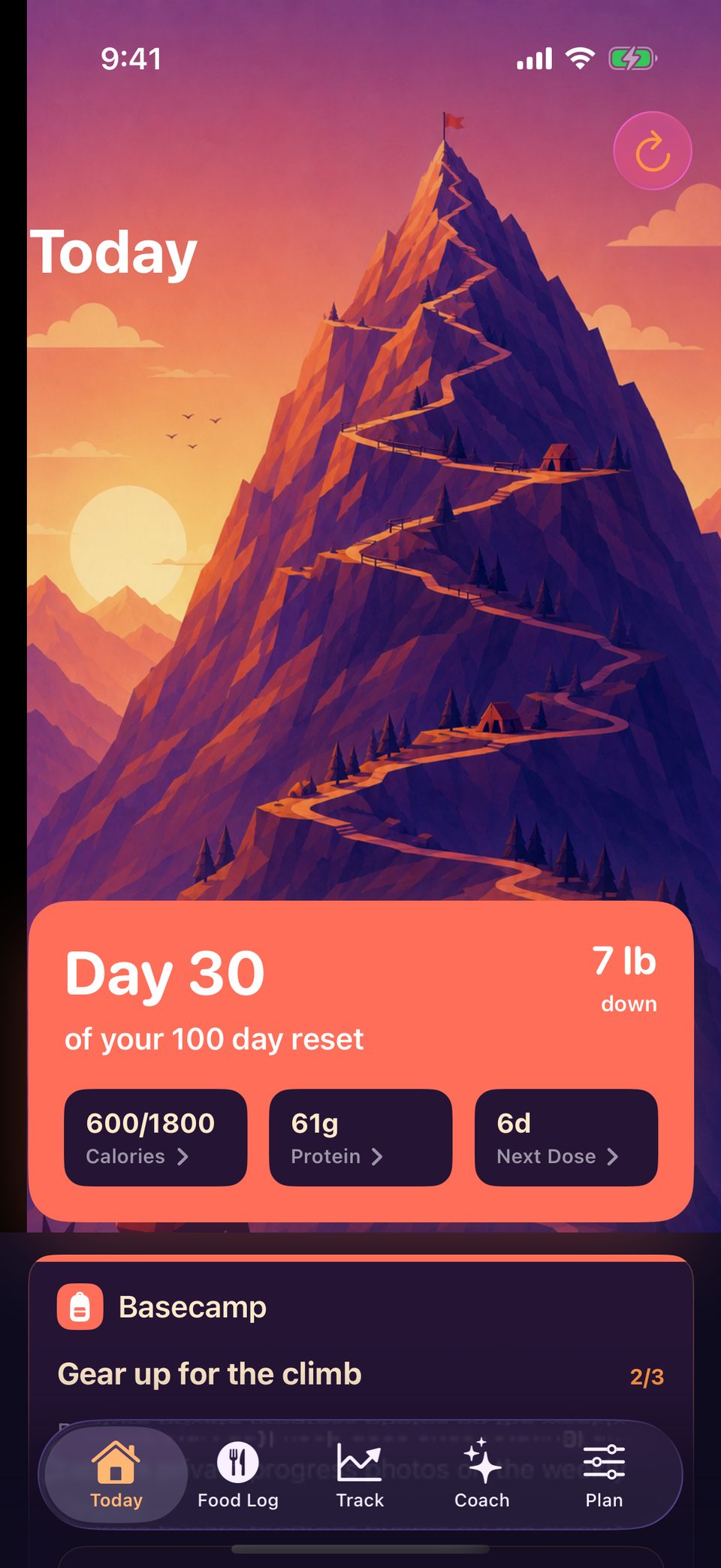 GLP 100 Today screen in dark mode, showing the same Day 30 journey view with a darker palette