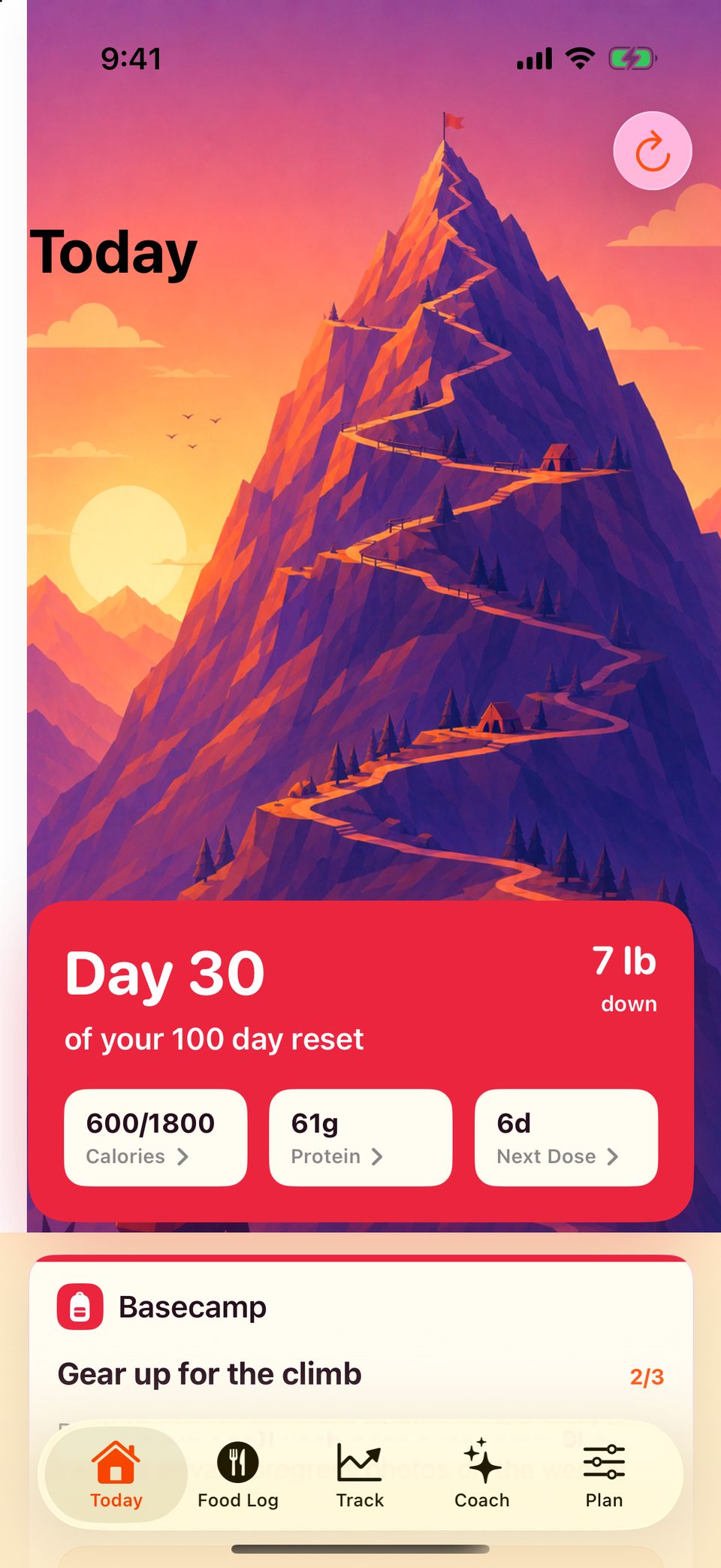 GLP 100 Today screen on iPhone showing Day 30 of 100 with calories, protein, and next-dose chips over a sunrise mountain illustration