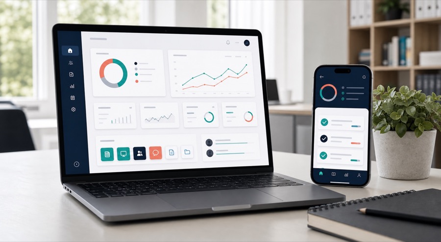 Laptop and phone mockups showing education app interfaces and learning dashboards
