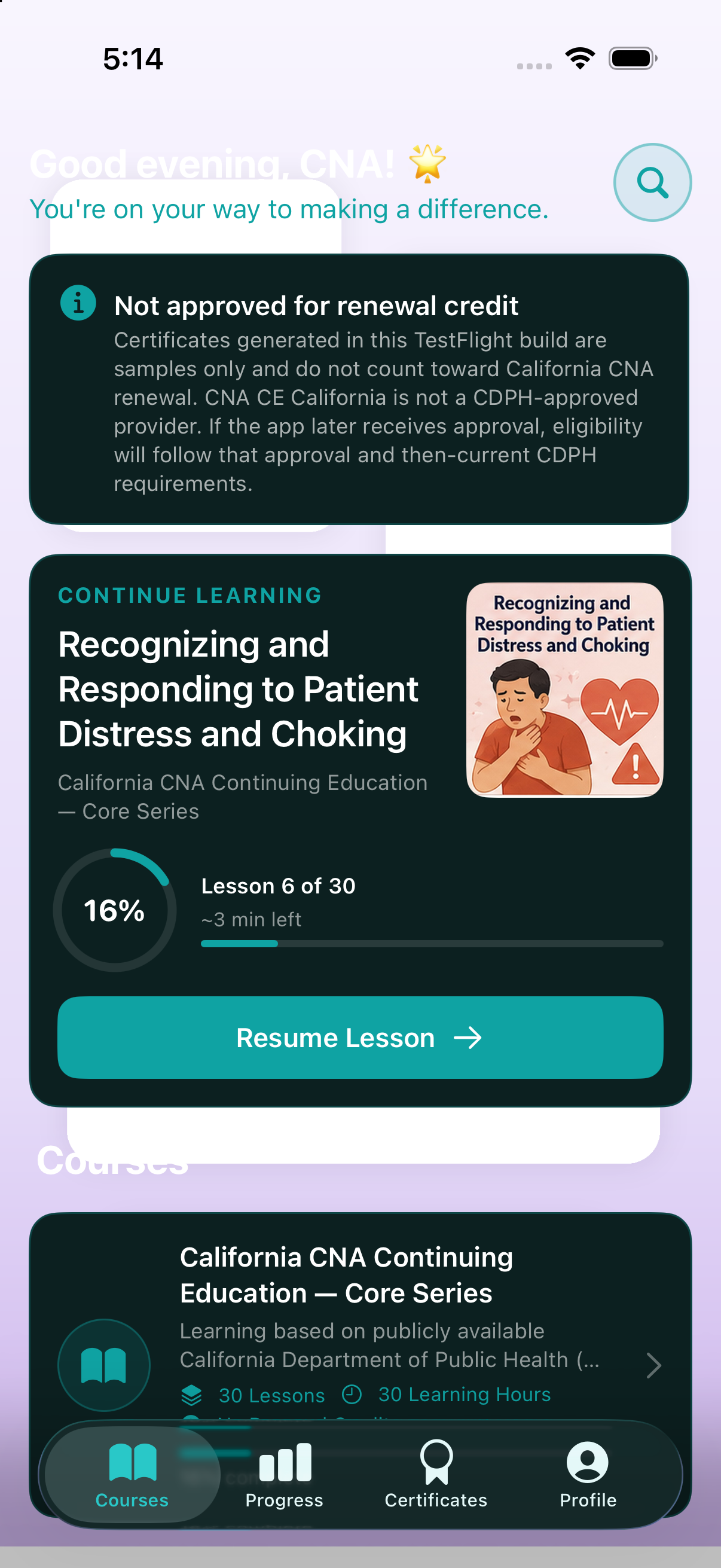 CNA CE California TestFlight catalog showing a not-approved-for-renewal-credit notice, a continue-learning card, and course progress