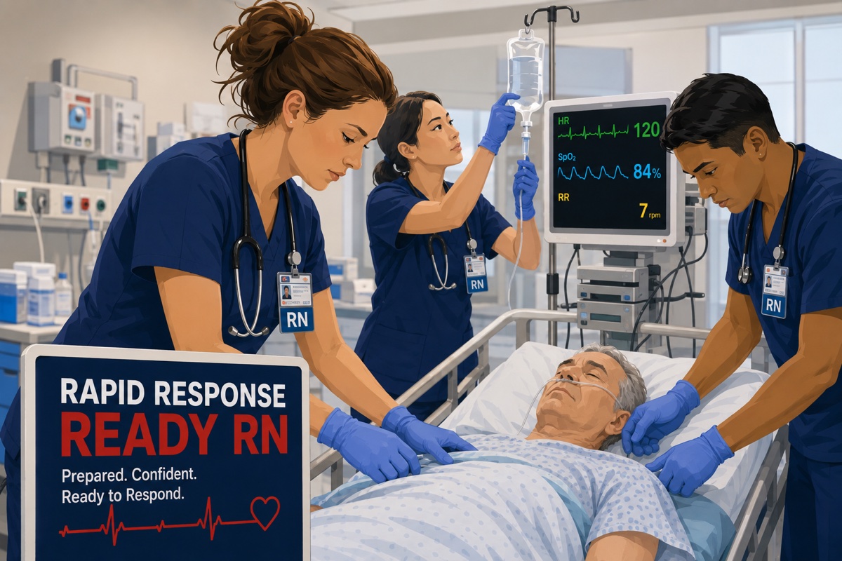 Rapid Response Ready RN artwork showing nurses responding to a deteriorating patient at the bedside.