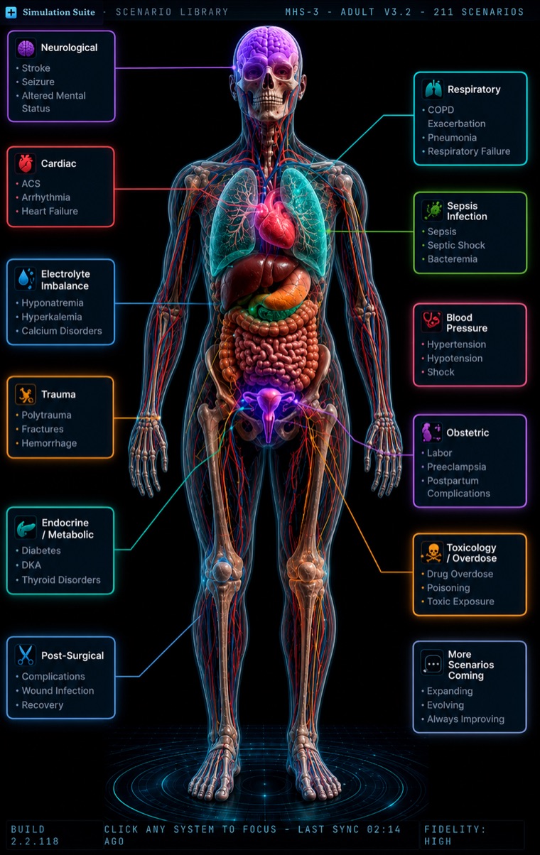 Vital Sim scenario library interface showing an anatomical patient view with system-based clinical scenario categories