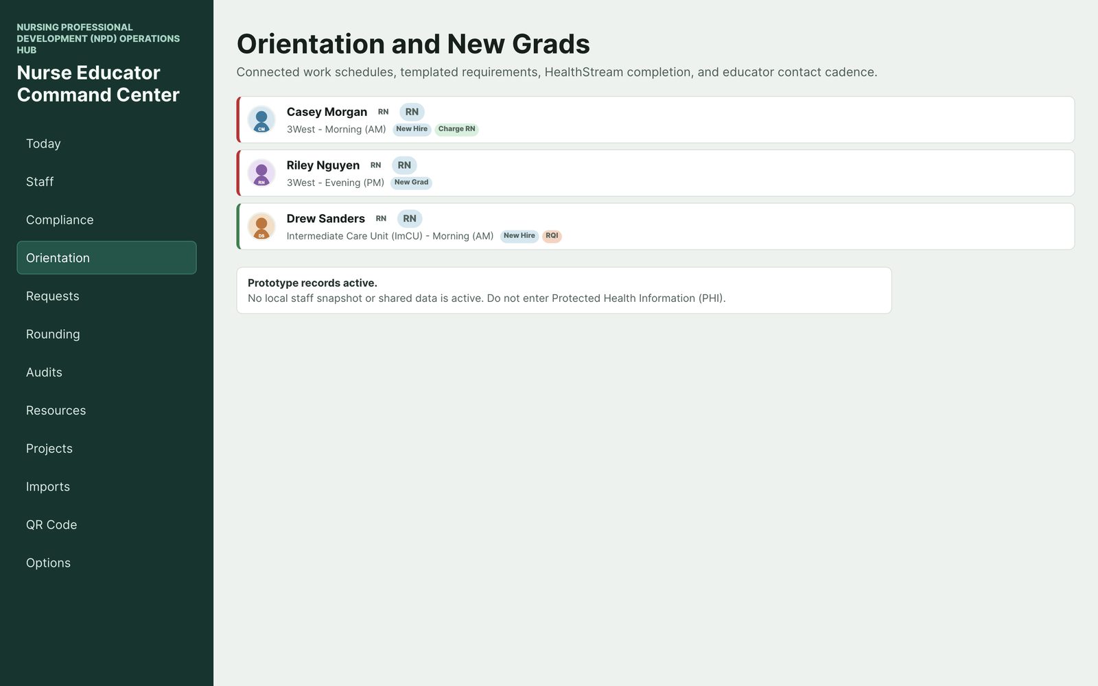 Orientation and New Grads screen with orientee cards showing unit, shift, and tags such as New Hire, New Grad, and Charge RN — sample data