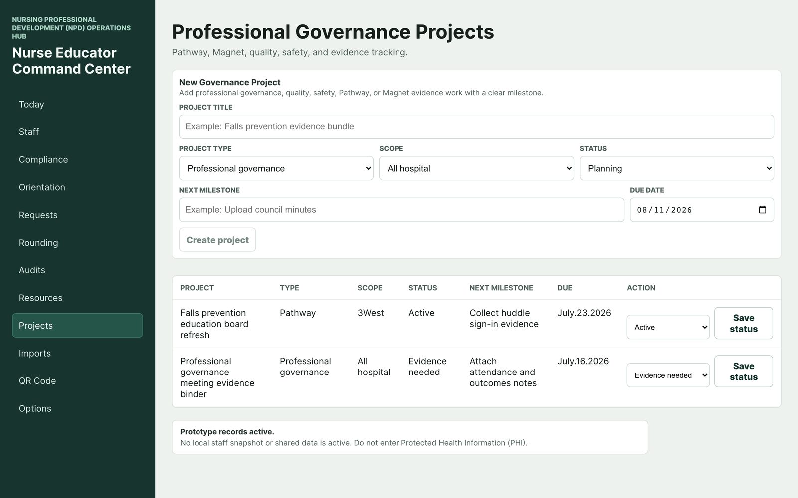Professional Governance Projects screen tracking Pathway, Magnet, quality, and safety projects with status, next milestone, and due dates — sample data