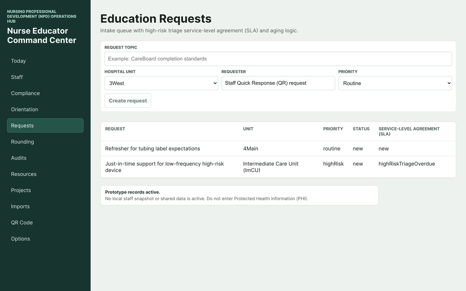 Education Requests screen with a request intake form and a queue table showing priority, status, and service-level aging — sample data