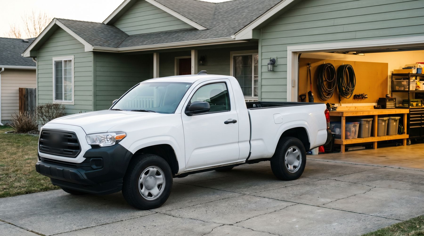 A white work truck parked in a driveway at dawn beside a neatly organized garage