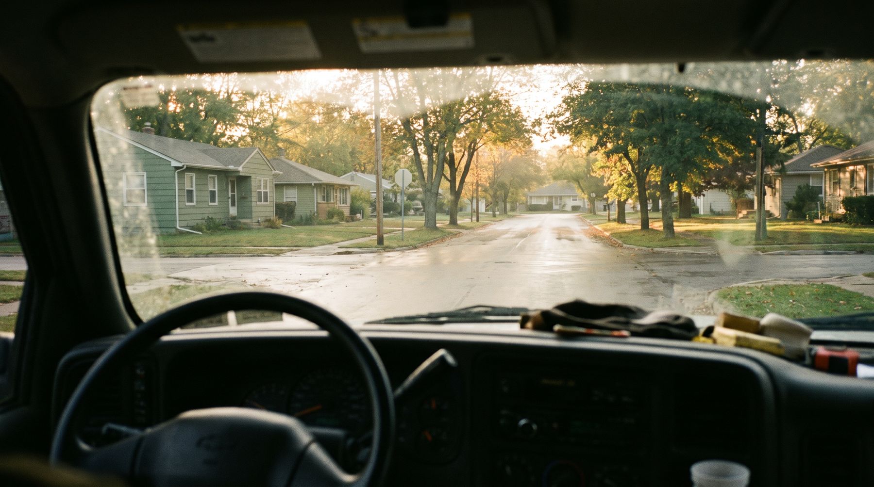 Early-morning view through a work truck windshield of a quiet suburban street