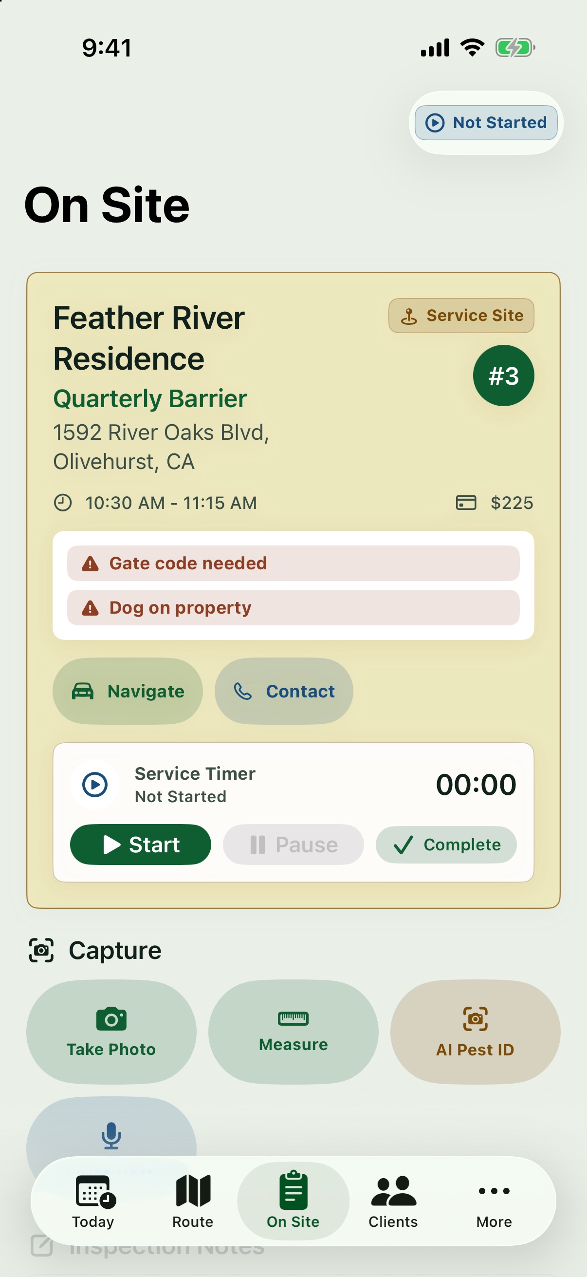 On Site tab showing an active service with timer controls and capture buttons for photos, AR measurement, and AI pest identification