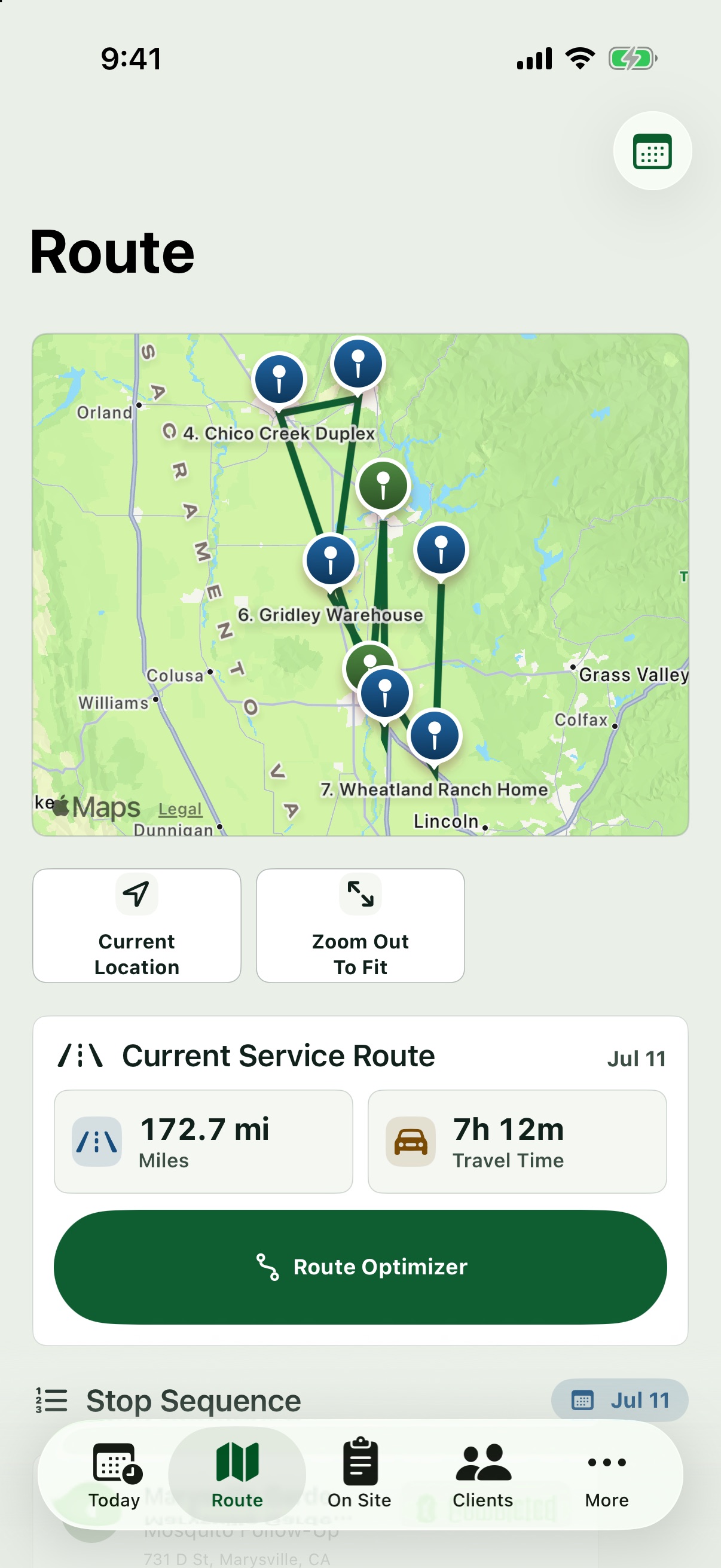 Pest Route field-service route interface with sample data in development