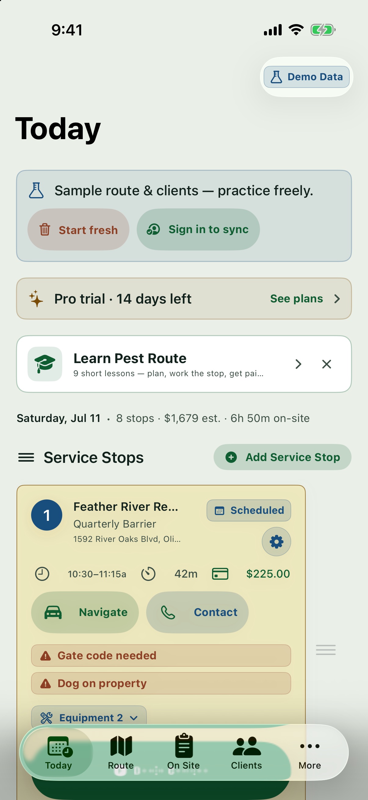 Today tab listing the day's service stops with time, revenue estimate, and per-stop navigate and contact buttons