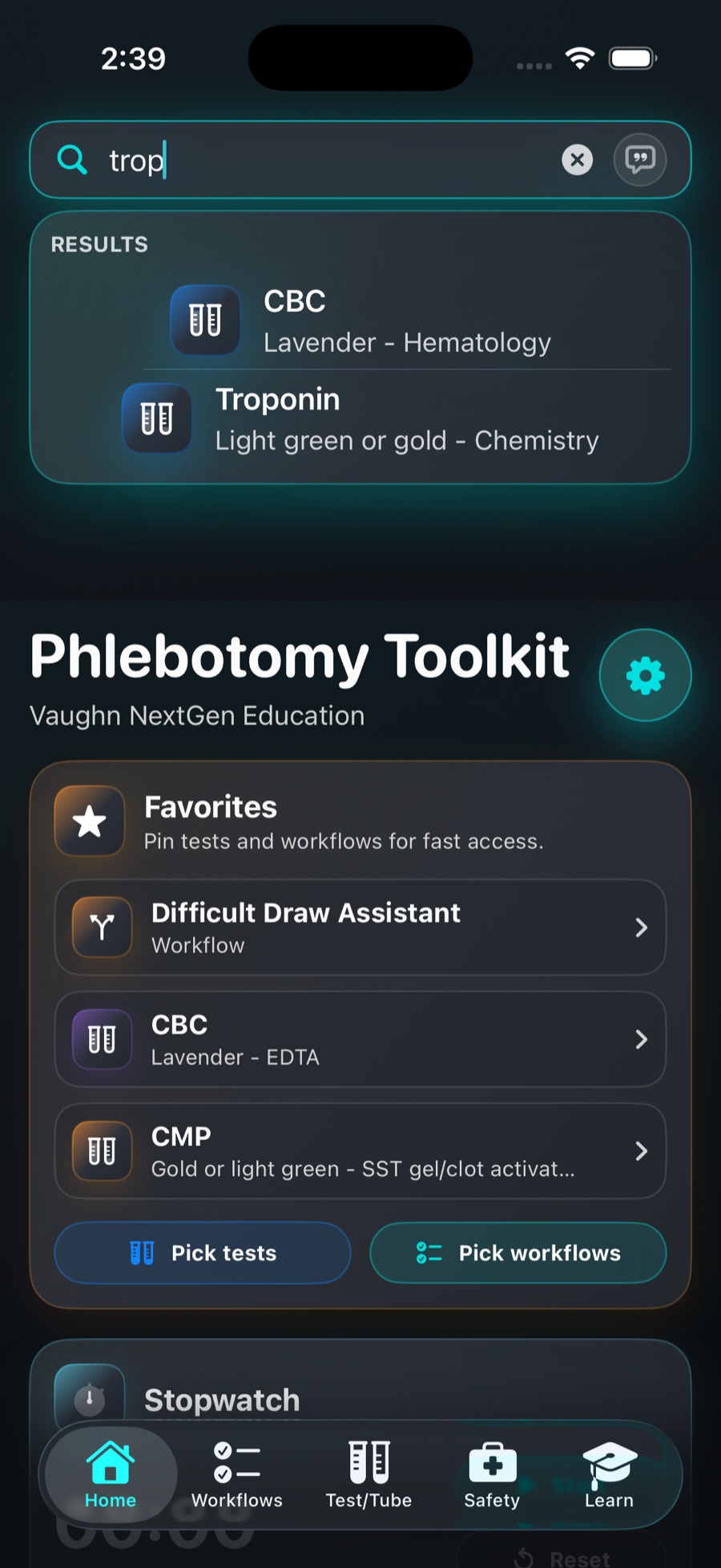 Phlebotomy Toolkit home screen: the pinned search returning CBC and Troponin for a 'trop' query, with Favorites, the Difficult Draw Assistant, and color-coded CBC and CMP cards