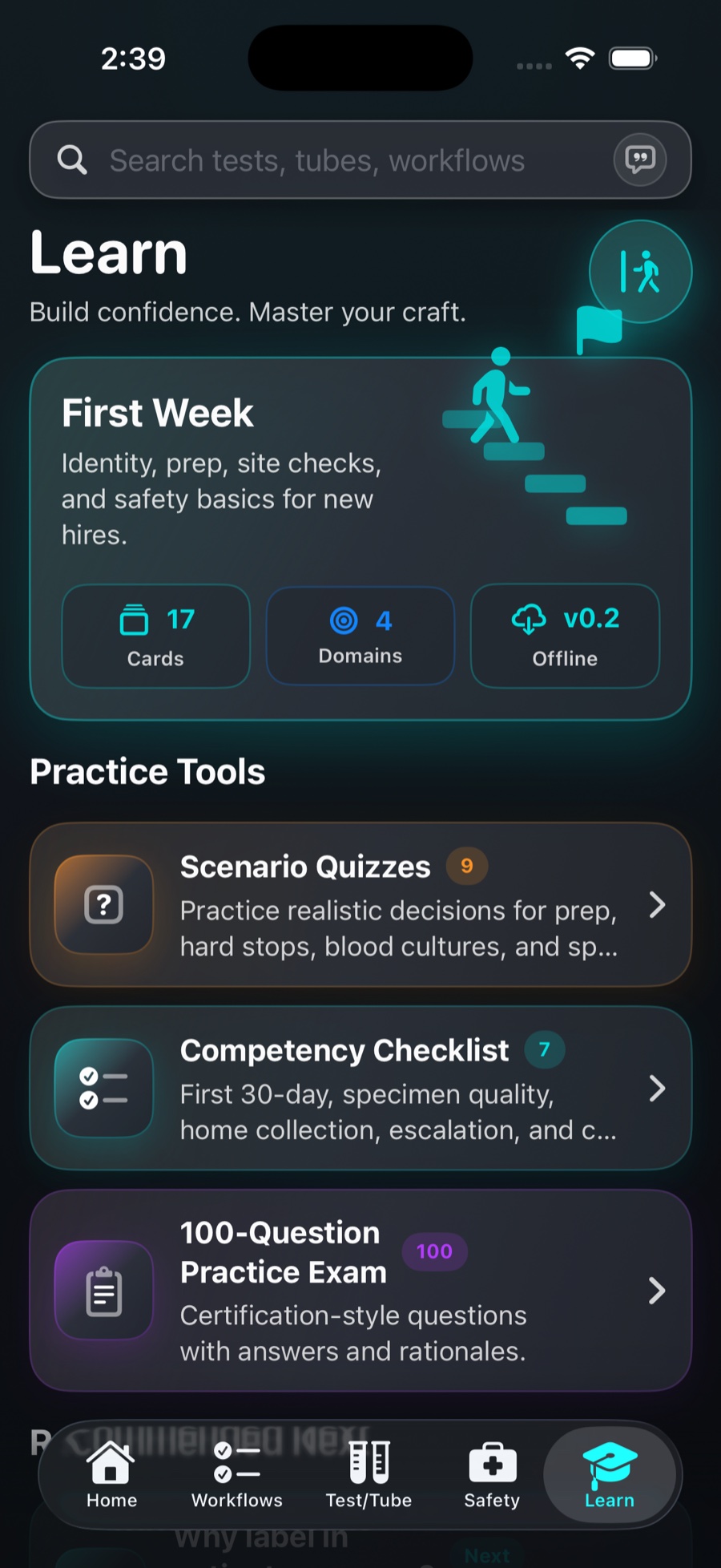 The Learn tab in Phlebotomy Toolkit showing a first-week track, nine scenario quizzes, seven competency checklists, and a 100-question practice exam