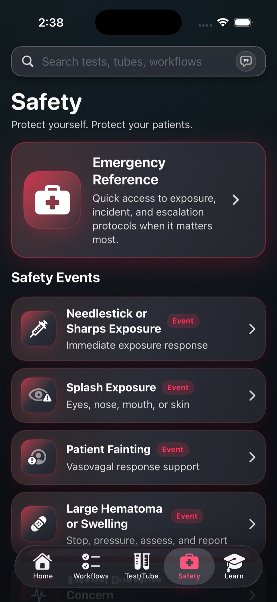 The Safety tab in Phlebotomy Toolkit with an Emergency Reference card and safety event cards for needlestick or sharps exposure, splash exposure, patient fainting, and large hematoma