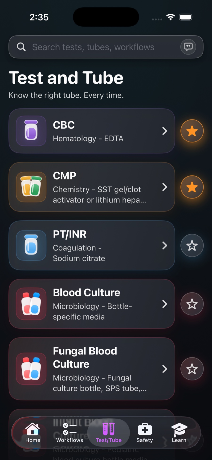 Phlebotomy Toolkit Test and Tube reference interface