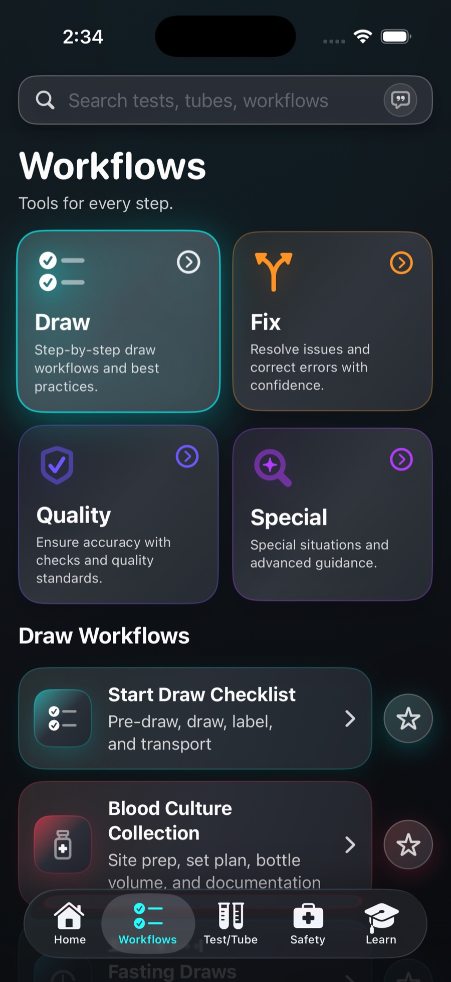 The Workflows tab in Phlebotomy Toolkit with Draw, Fix, Quality, and Special categories and the Start Draw Checklist and Blood Culture Collection workflows