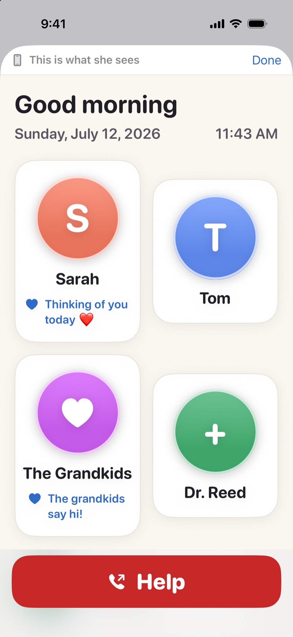 Phone Helper Family preview of the paired Simple Phone Helper home screen in development