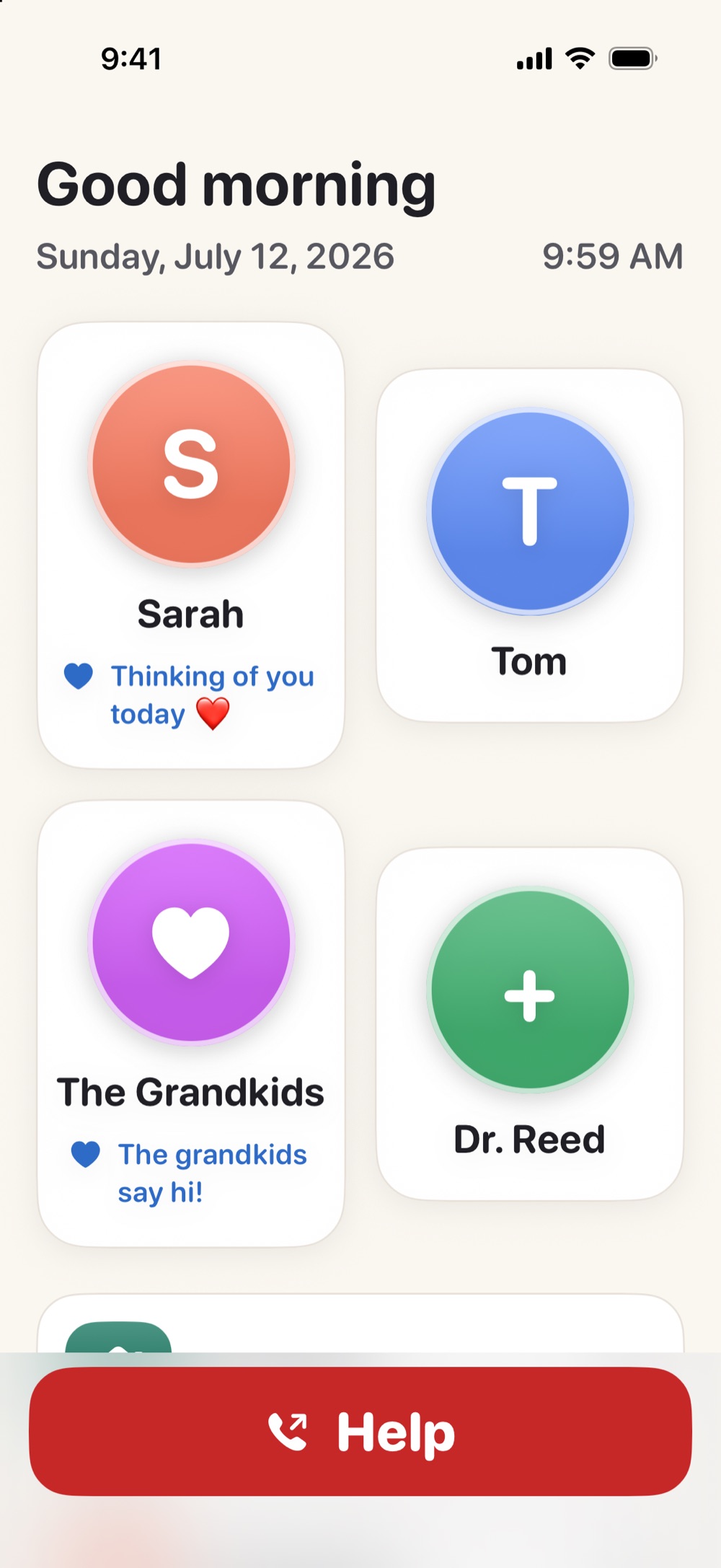 The Simple Phone Helper home screen on an iPhone: a 'Good morning' greeting with the date and time, four large tappable faces for Sarah, Tom, the grandkids, and the doctor's office, and a large red Help button