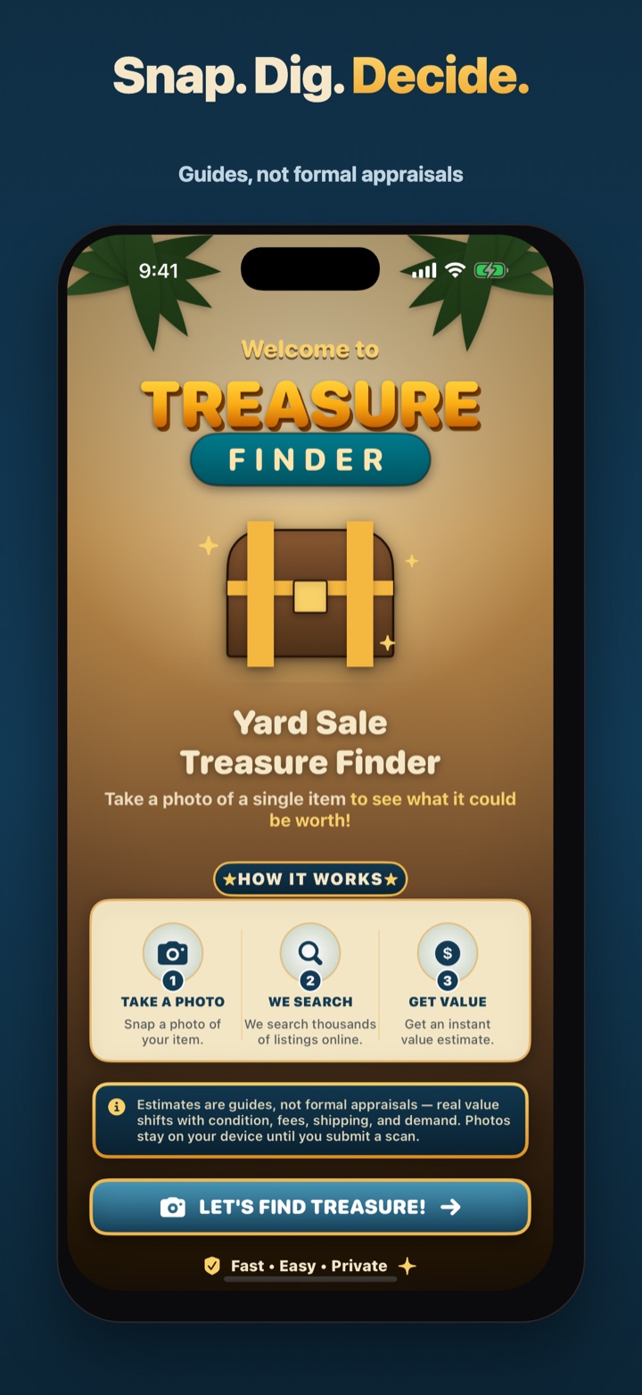 Yard Sale Treasure Finder welcome screen explaining the photograph, search, and estimate workflow