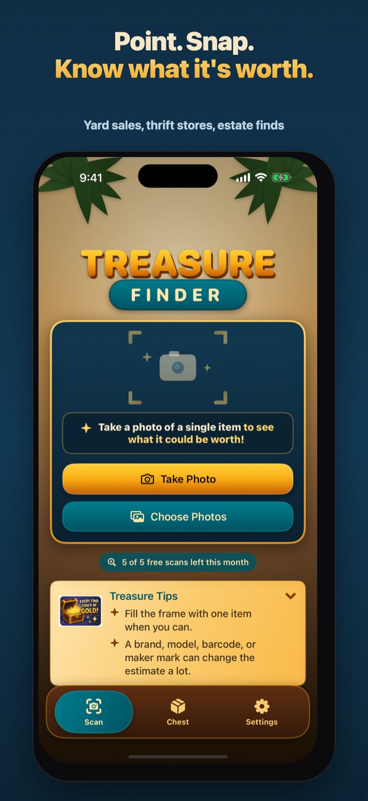 Yard Sale Treasure Finder Scan screen with Take Photo and Choose Photos buttons