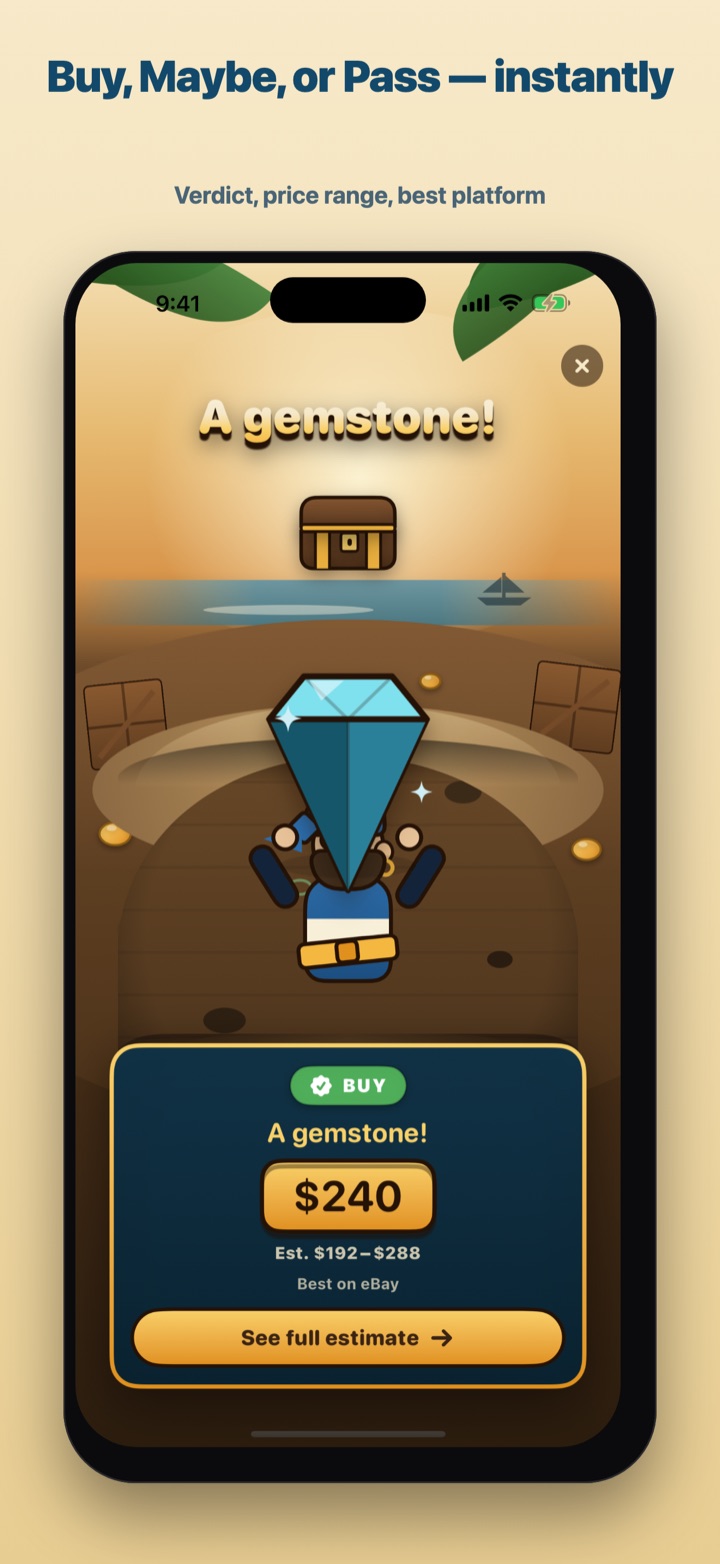 Yard Sale Treasure Finder sample result showing an estimated range and Buy verdict